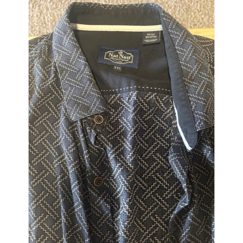 Nat Nast Men's 2XL Silk Cotton Woven Shirt Blue Geometric Short Sleeve Button-Up